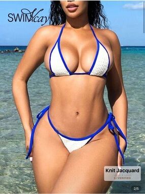 White and Blue Knit Jacquard Triangle Bikini - Women Swim